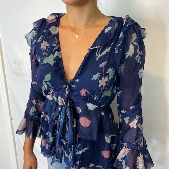 Cleobella Floral Long Sleeve Ruffle Tie Blouse XS - Picture 2 of 12